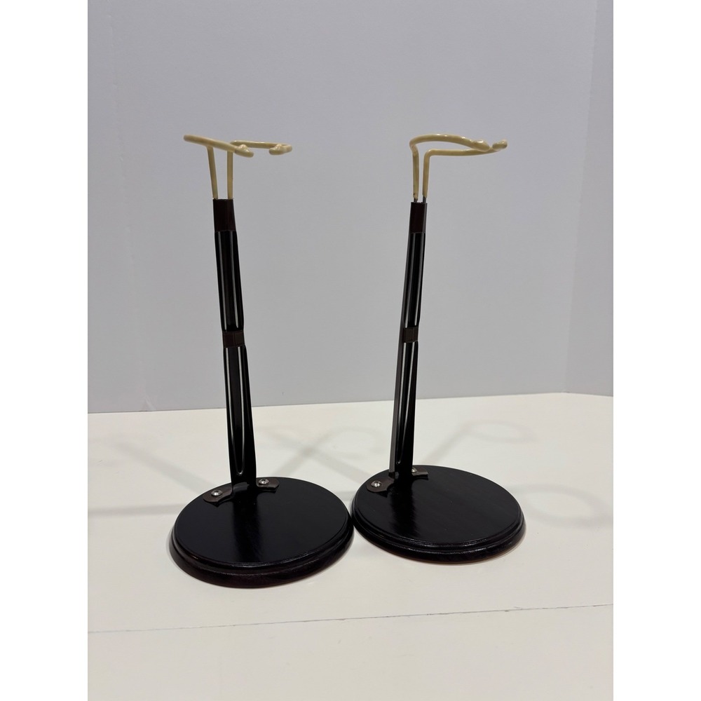 Set of 2 Adjustable Doll Stands Wood Base Black Metal Waist Gripper Display